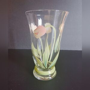 Princess House Crystal Hurricane Footed Vase Hand Painted Tulips Design